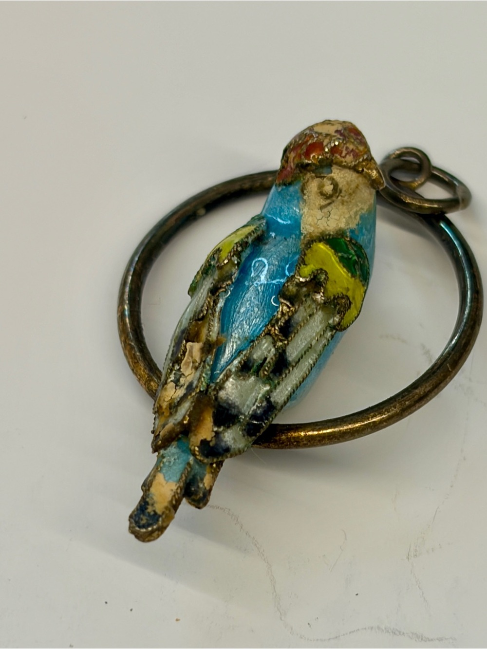 VINTAGE BEAUTIFUL STERLING SILVER VERMEIL CHINESE CLOISONNE ENAMEL BIRD PENDANT